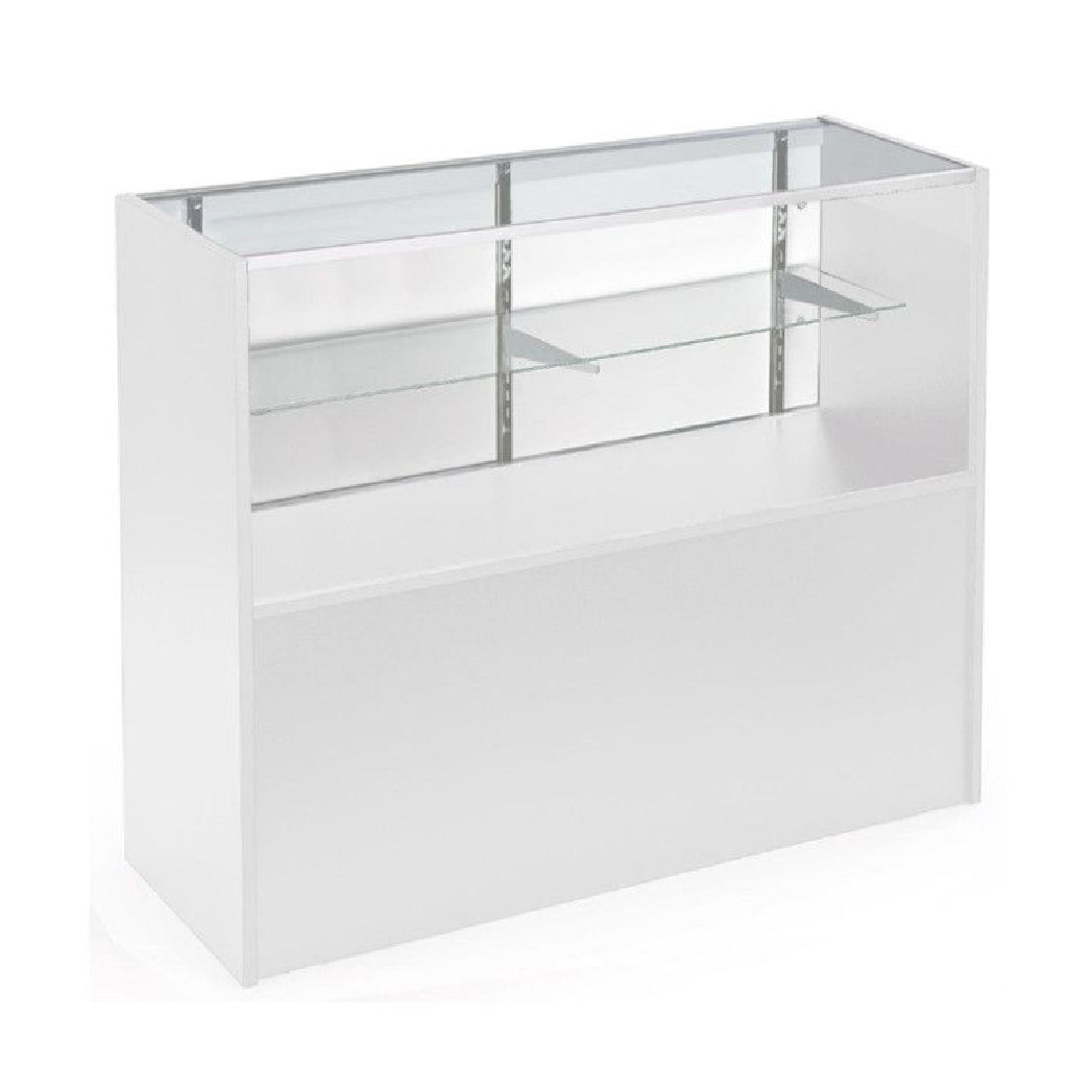 White wood retail glass display case with storage